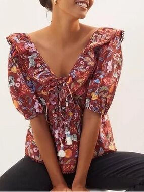 Maeve by Anthropologie Zebra Floral Puff Sleeve Peplum Top Small 100% Cotton